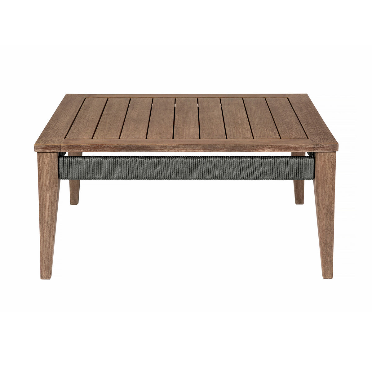 Kimi 36 Inch Outdoor Coffee Table, Brown Eucalyptus Wood, Woven Rope Apron - BM314496