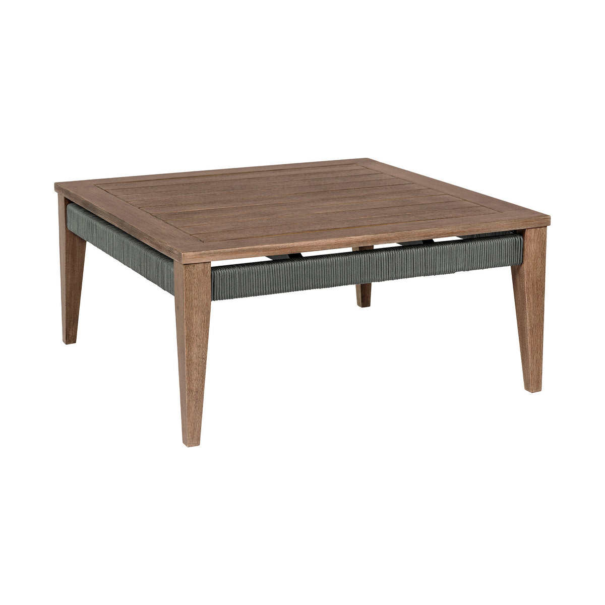 Kimi 36 Inch Outdoor Coffee Table, Brown Eucalyptus Wood, Woven Rope Apron - BM314496