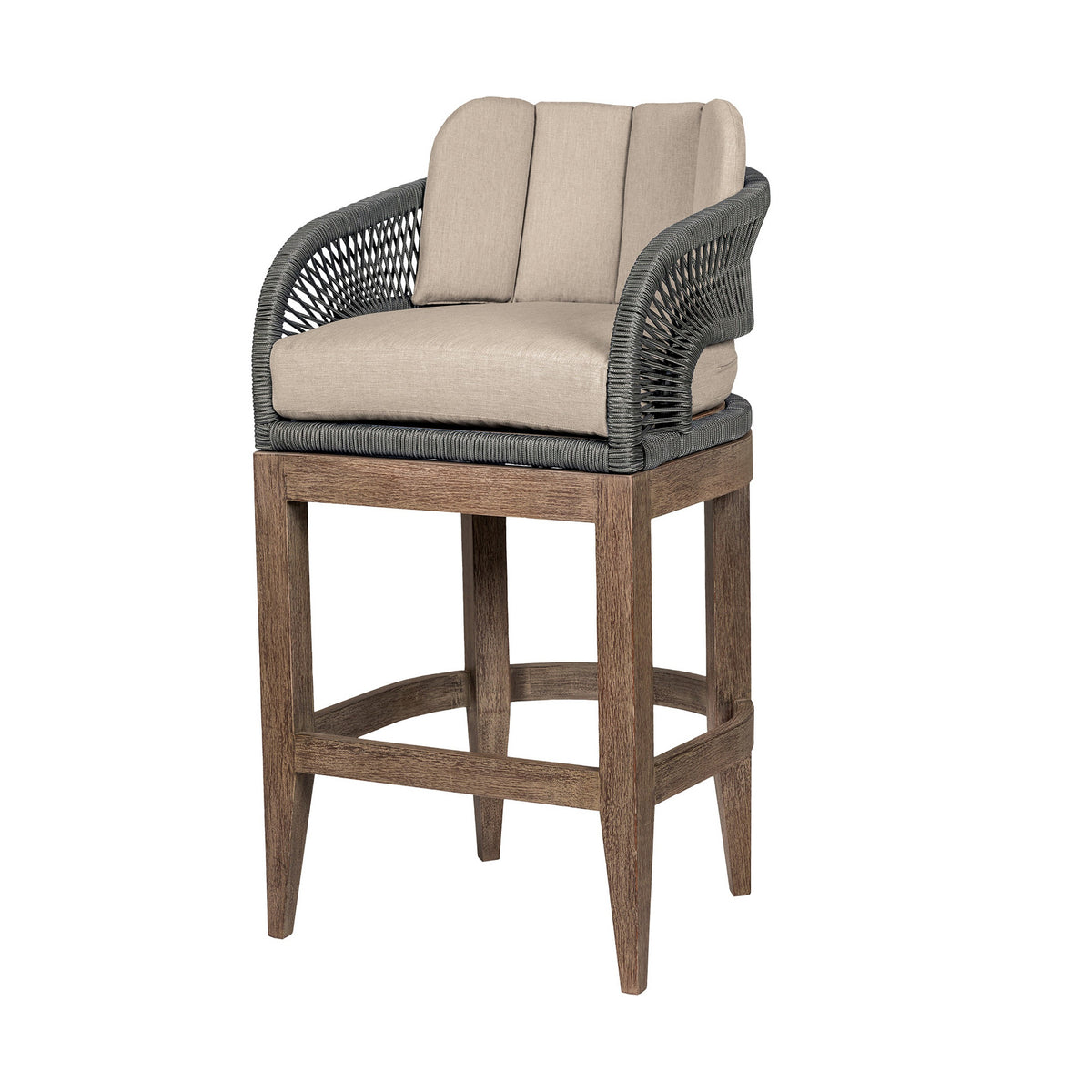 Kimi 30 Inch Outdoor Patio Barstool Chair, Olefin and Gray Woven Rope - BM314498