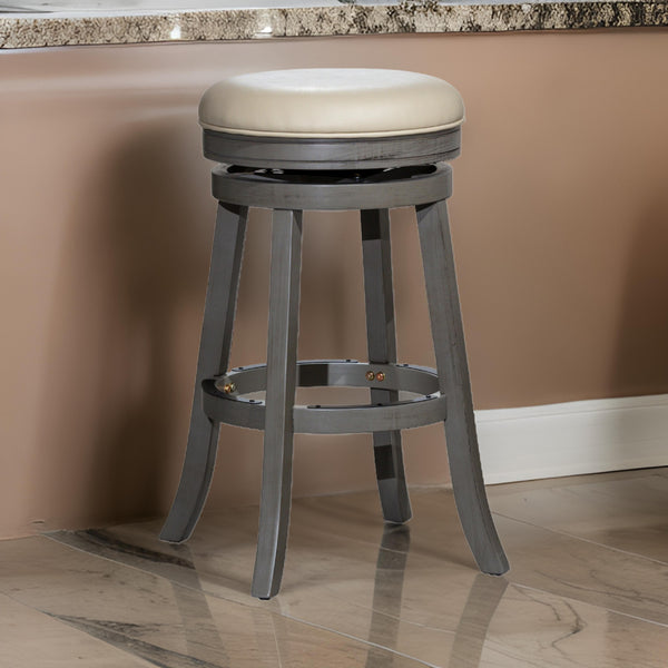 Opi 30 Inch Swivel Barstool, Round, Weathered Gray Faux Leather and Wood - BM314504