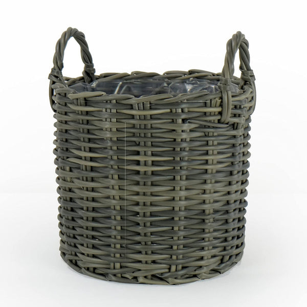 Set of 3 Basket Style Planters, Round Handles, Hand Woven Wicker, Gray - BM314506