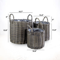 Set of 3 Basket Style Planters, Round Handles, Hand Woven Wicker, Gray - BM314506