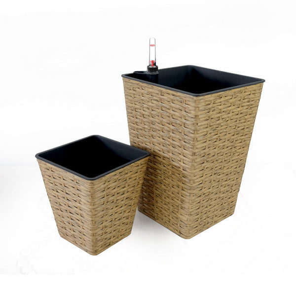 Aly 14 Inch Self Watering Planter Set of 2, Hand Woven Natural Brown Wicker - BM314510