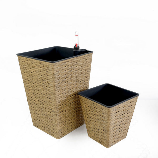 Aly 14 Inch Self Watering Planter Set of 2, Hand Woven Natural Brown Wicker - BM314510