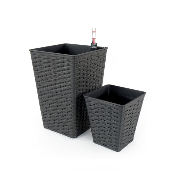Aly 14 Inch Self Watering Planter Set of 2, Hand Woven Wicker, Brown - BM314511