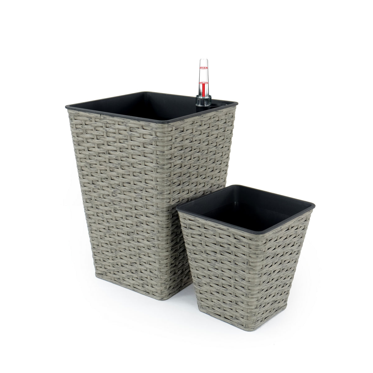 14 self watering planter Benzara Aly 14 Inch Self Watering Planter Set of 2, Hand Woven Wicker, Gray