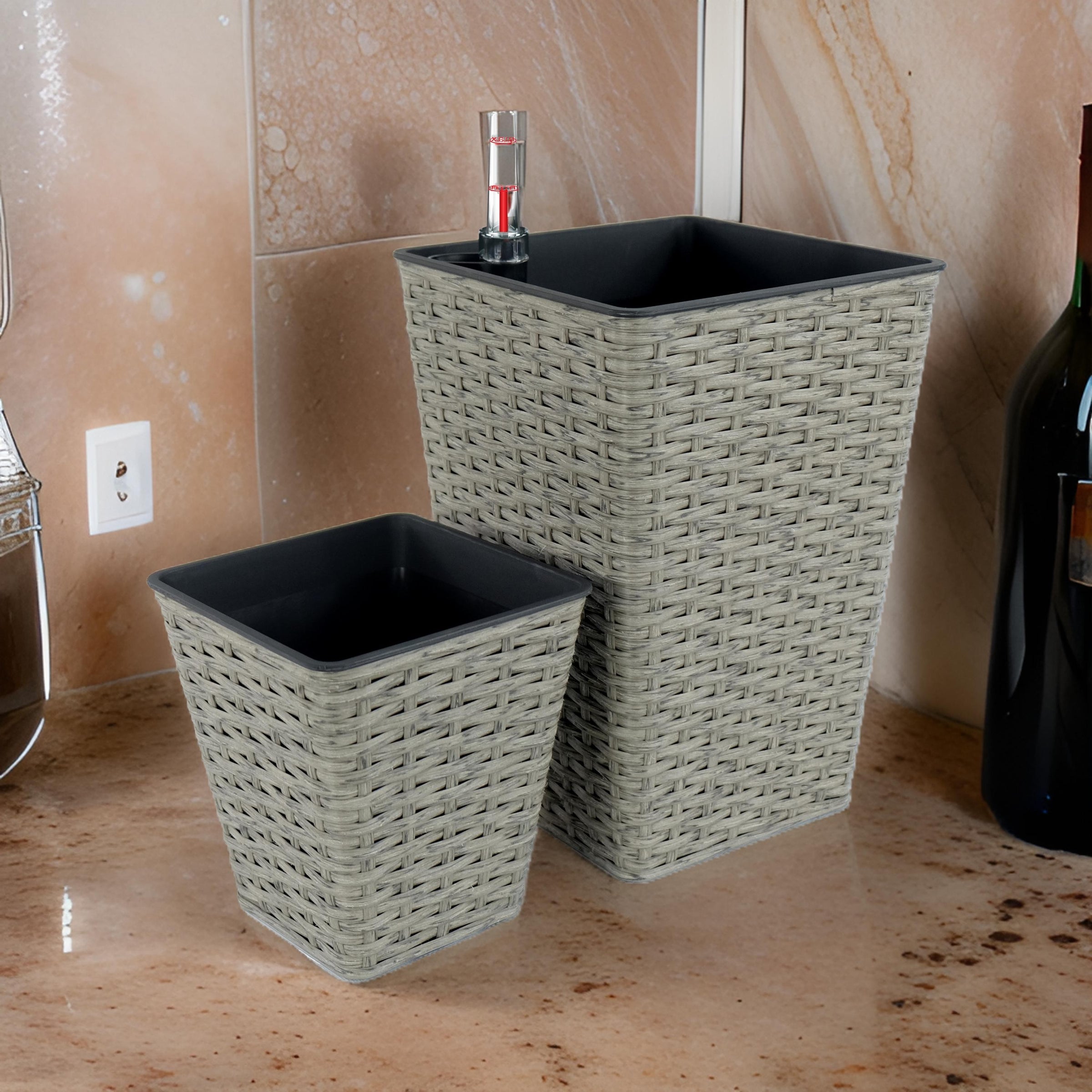 14 inch self watering planter Benzara Aly 14 Inch Self Watering Planter Set of 2, Hand Woven Wicker, Gray
