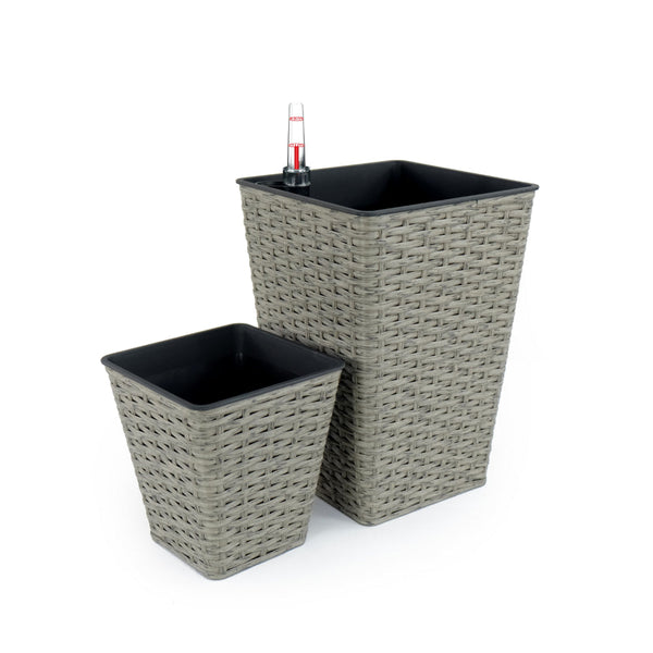 Aly 14 Inch Self Watering Planter Set of 2, Hand Woven Wicker, Gray - BM314512