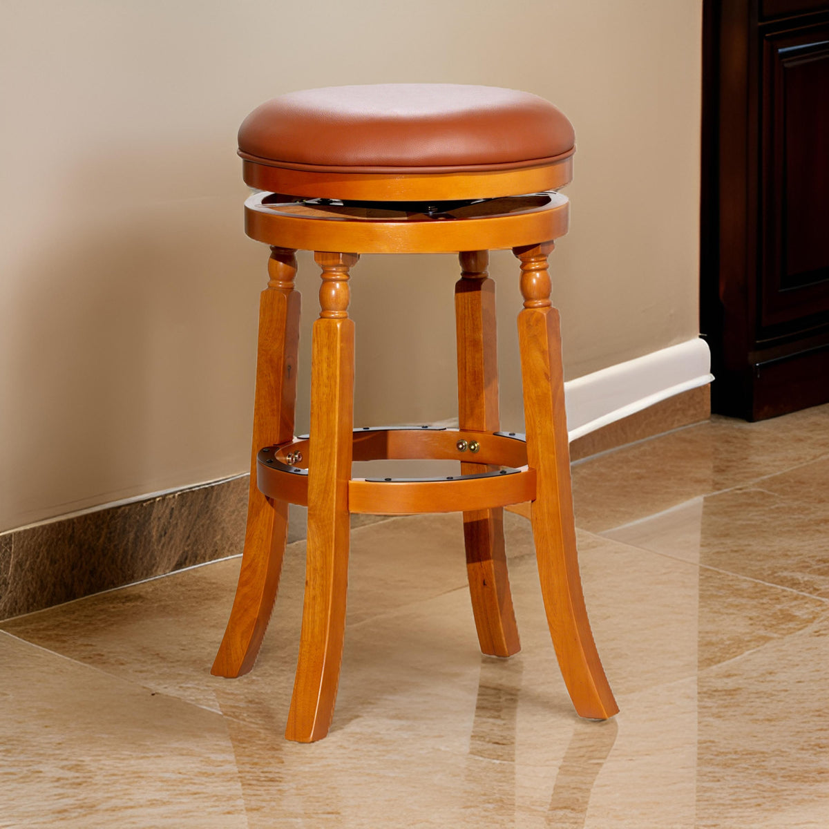 Opi 30 Inch Swivel Barstool, Bonded Leather, Natural Brown Solid Wood - BM314519