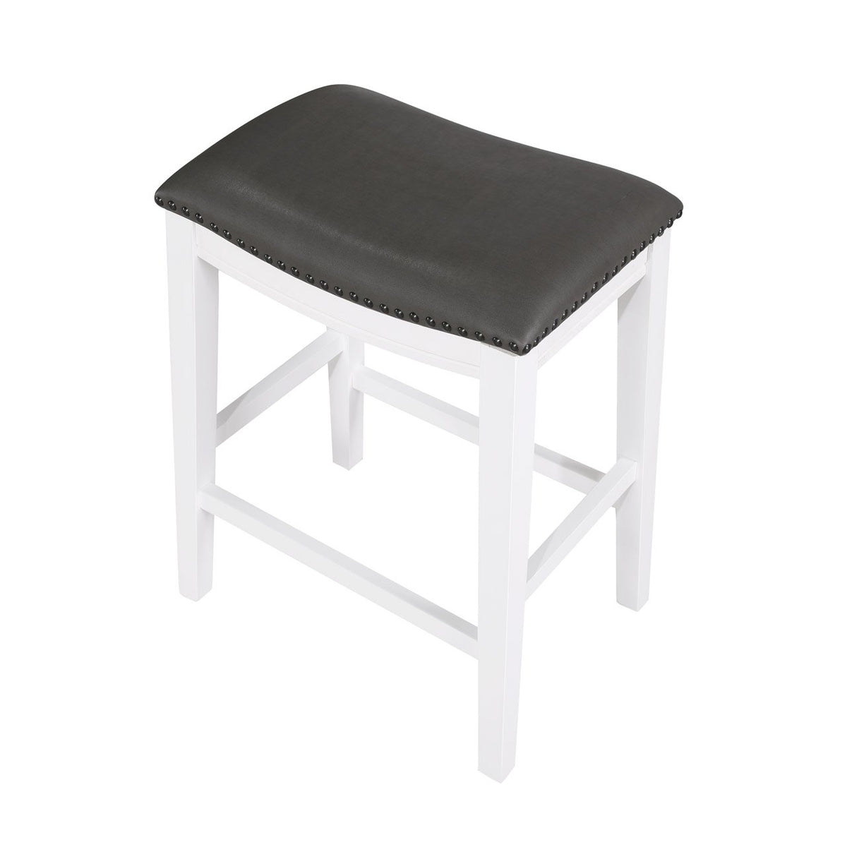 Ani 25 Inch Counter Stool Set of 2, Gray Faux Leather, Saddle Seat, White - BM314523