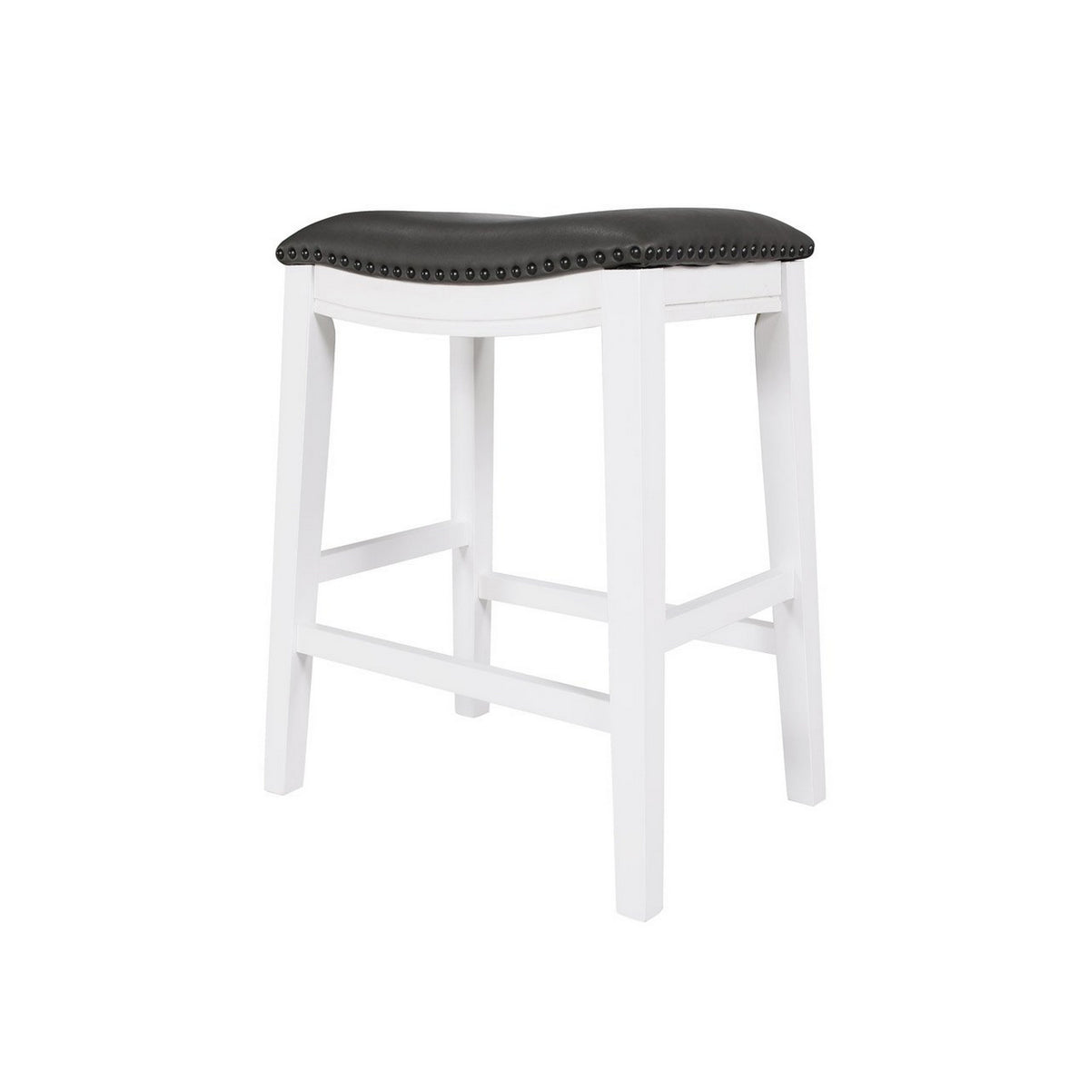 Ani 25 Inch Counter Stool Set of 2, Gray Faux Leather, Saddle Seat, White - BM314523