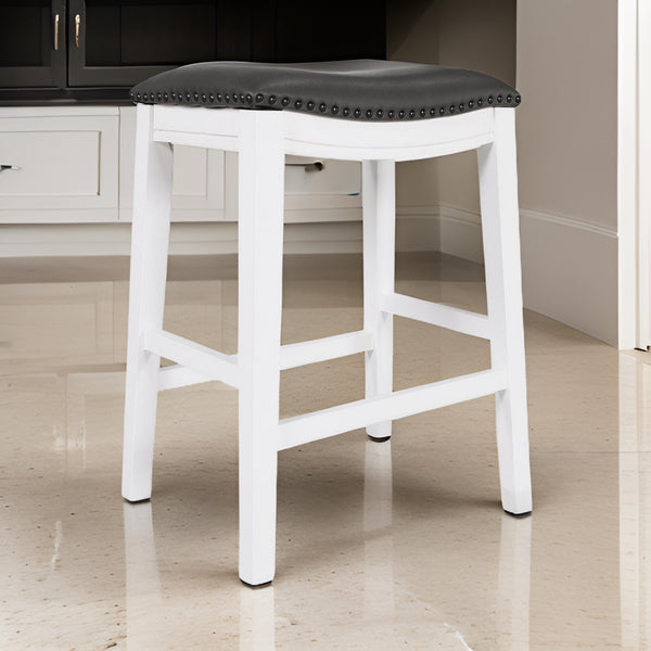 Ani 25 Inch Counter Stool Set of 2, Gray Faux Leather, Saddle Seat, White - BM314523