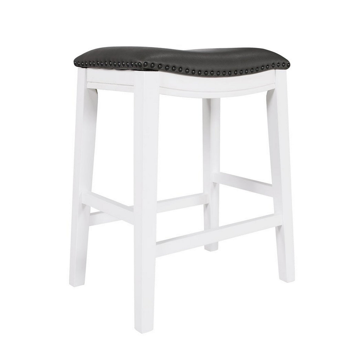 Ani 25 Inch Counter Stool Set of 2, Gray Faux Leather, Saddle Seat, White - BM314523