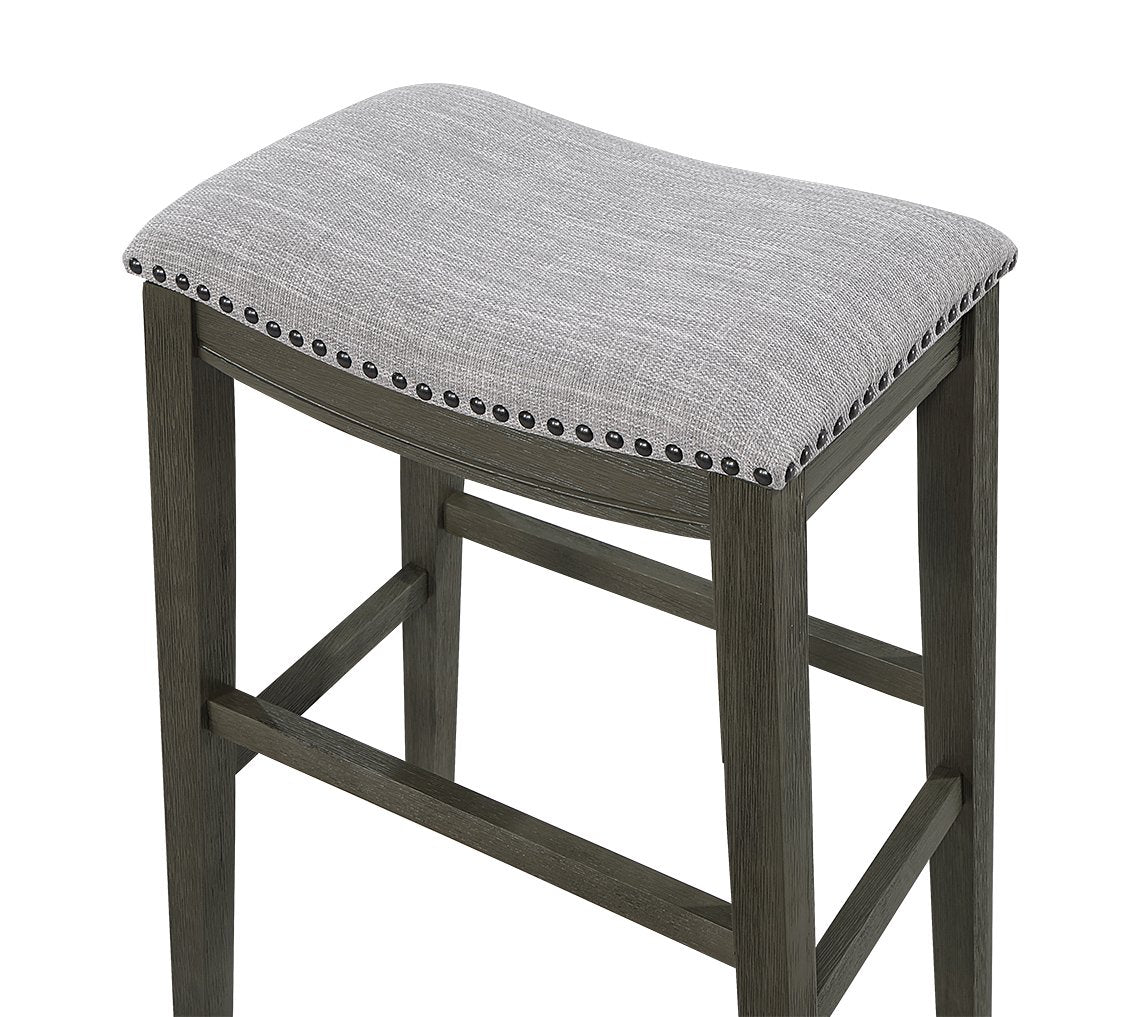 Ani 29 Inch Barstool Set of 2, Saddle Seat, Nailhead Trim, Light Gray Wood - BM314525