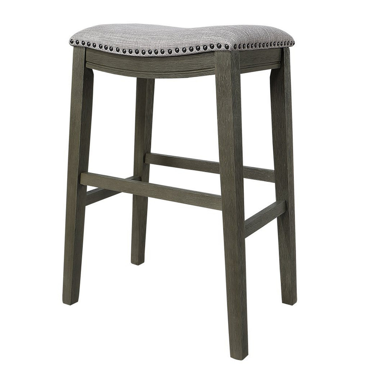 Ani 29 Inch Barstool Set of 2, Saddle Seat, Nailhead Trim, Light Gray Wood - BM314525