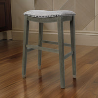 Ani 29 Inch Barstool Set of 2, Saddle Seat, Nailhead Trim, Light Gray Wood - BM314525