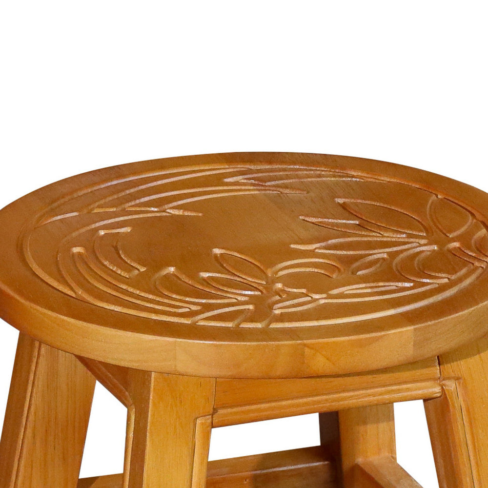 11 Inch Step Stool Footrest, Round Wood Carved Floral Print, Natural Brown - BM314529