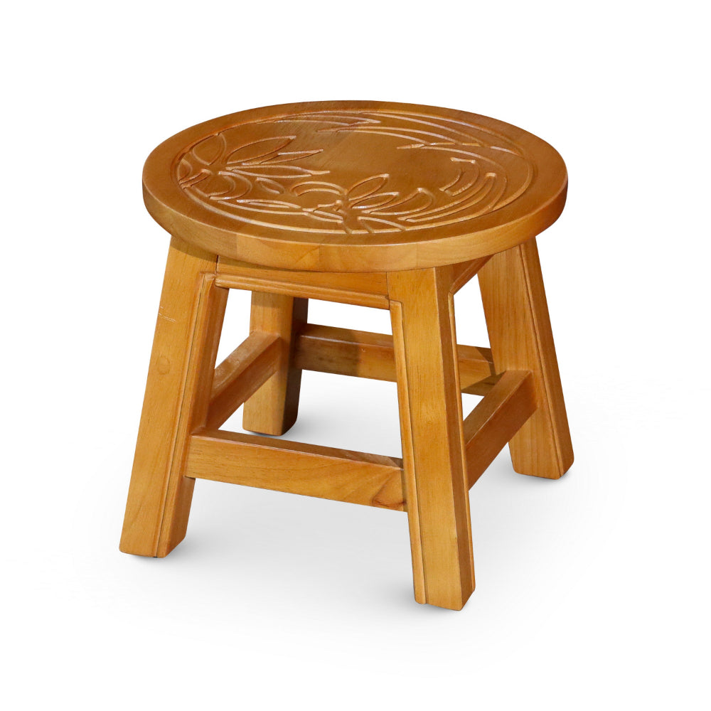 11 Inch Step Stool Footrest, Round Wood Carved Floral Print, Natural Brown - BM314529