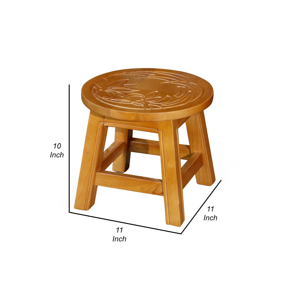 11 Inch Step Stool Footrest, Round Wood Carved Floral Print, Natural Brown - BM314529