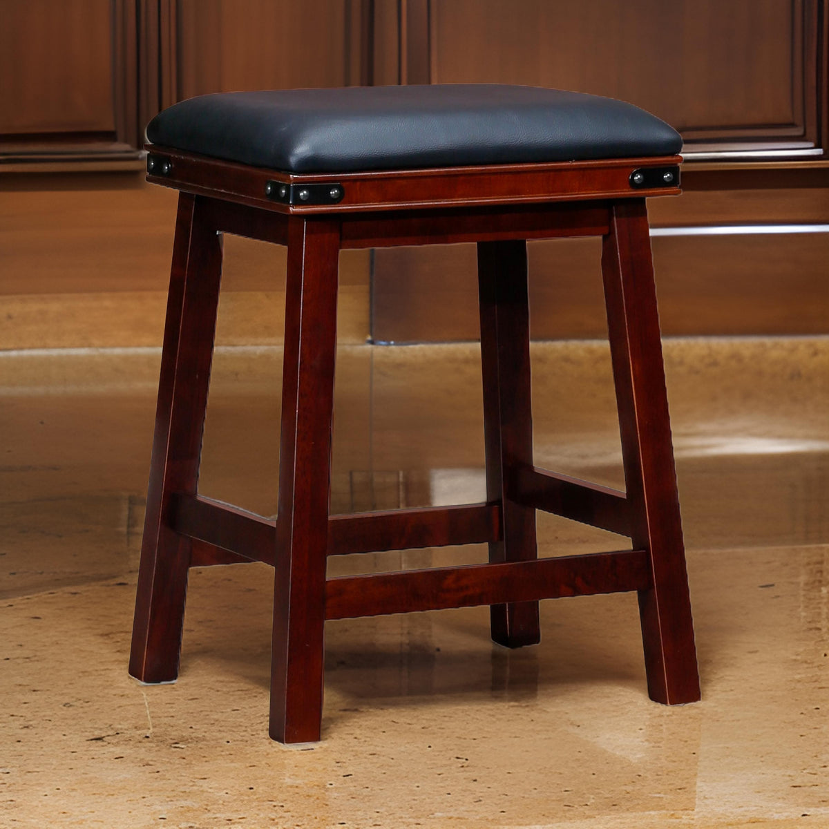 Nio 24 Inch Swivel Counter Stool, Black Bonded Leather, Espresso Brown Wood - BM314531