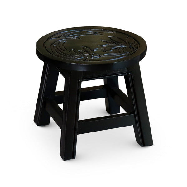 11 Inch Step Stool Footrest, Round Wood Carved Floral Print, Espresso Brown - BM314542