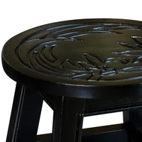 11 Inch Step Stool Footrest, Round Wood Carved Floral Print, Espresso Brown - BM314542