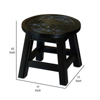 11 Inch Step Stool Footrest, Round Wood Carved Floral Print, Espresso Brown - BM314542