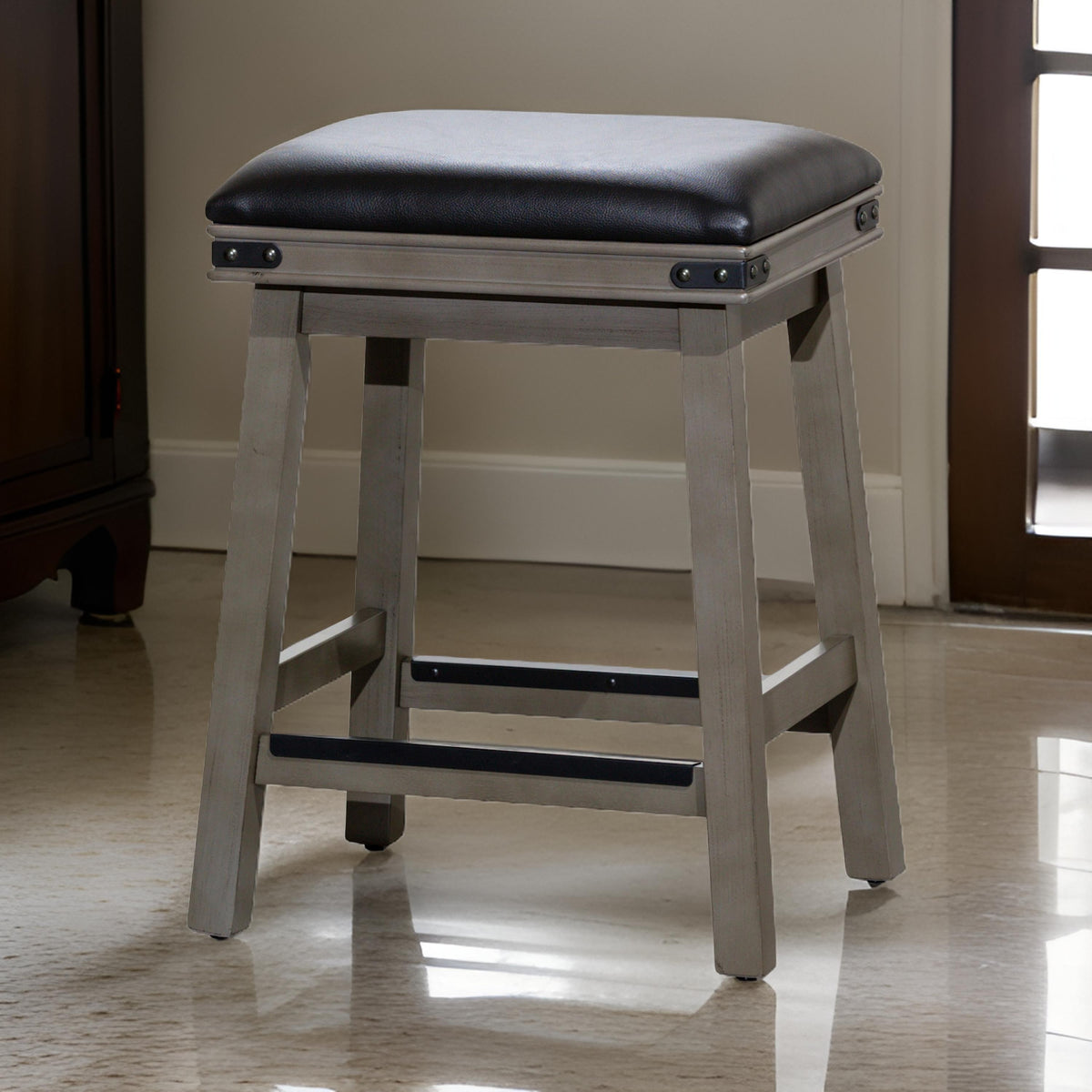 Nio 24 Inch Counter Stool, Saddle Black Bonded Leather, Weathered Gray - BM314545