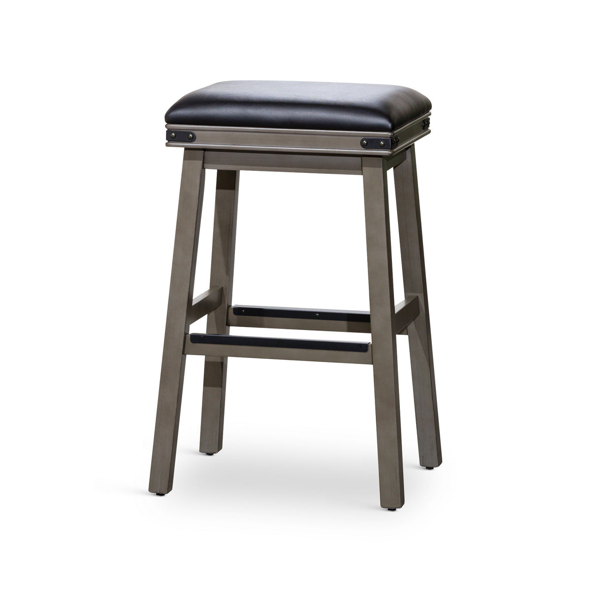 Nio 30 Inch Barstool, Saddle Black Bonded Leather Weathered Gray Solid Wood - BM314546