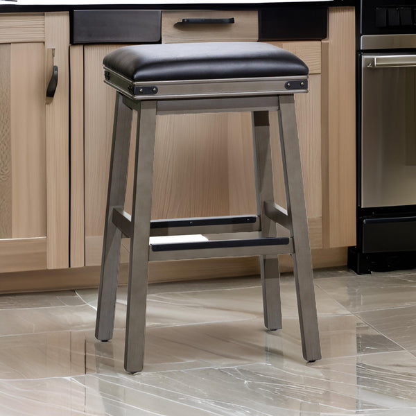 Nio 30 Inch Barstool, Saddle Black Bonded Leather Weathered Gray Solid Wood - BM314546