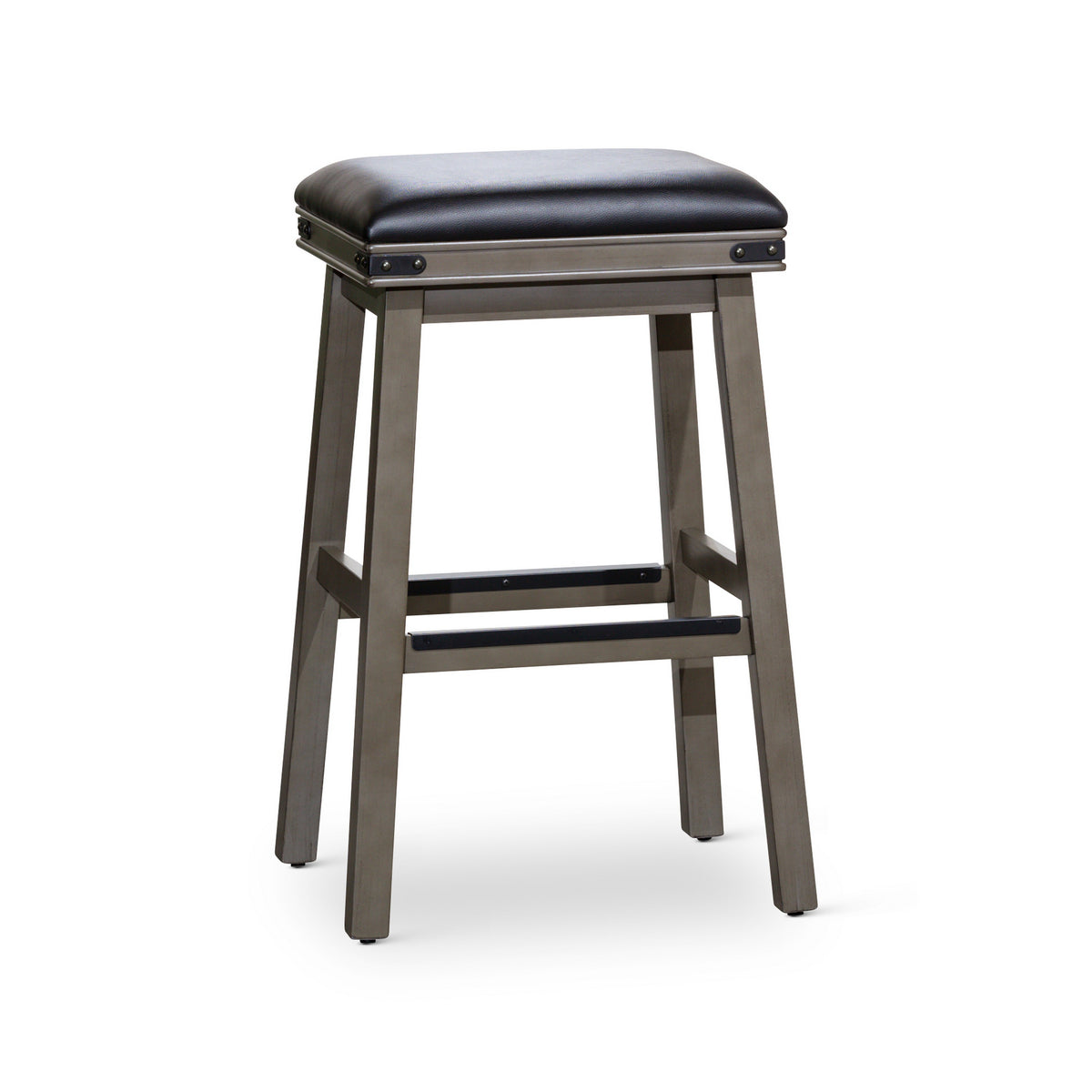 Nio 30 Inch Barstool, Saddle Black Bonded Leather Weathered Gray Solid Wood - BM314546