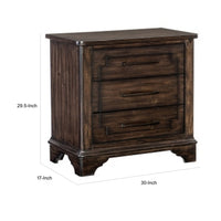 Amey 30 Inch Nightstand, 3 Drawers with Bar Handles, Rustic Brown Wood - BM314551