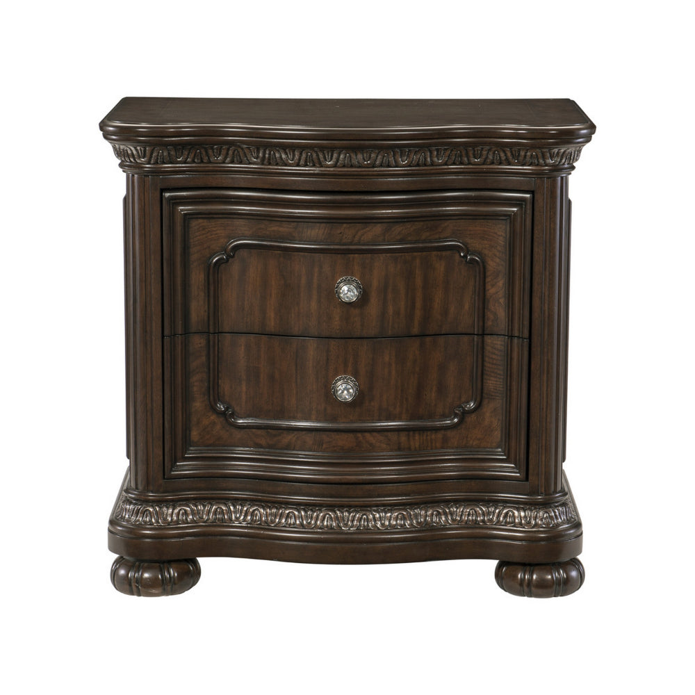 Joni 31 Inch Nightstand, Bow Front 2 Drawers, USB Port, Dark Cherry Brown - BM314554