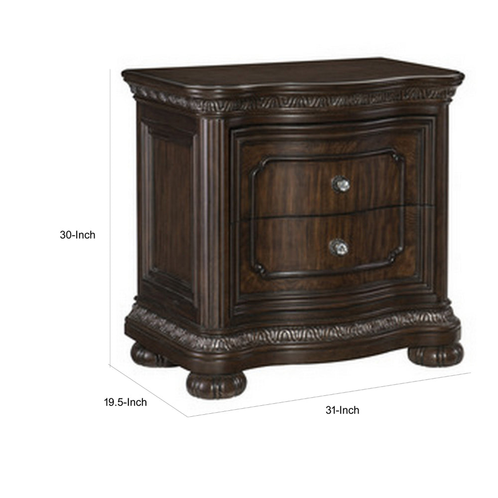 Joni 31 Inch Nightstand, Bow Front 2 Drawers, USB Port, Dark Cherry Brown - BM314554