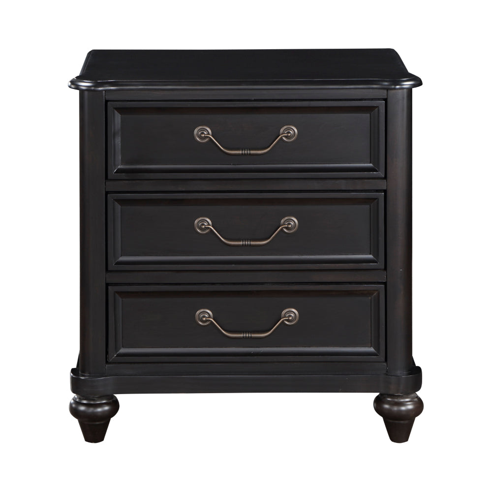 Vix 27 Inch Nightstand, 3 Drawers, Molded Design Pewter Drop Handles, Black - BM314558