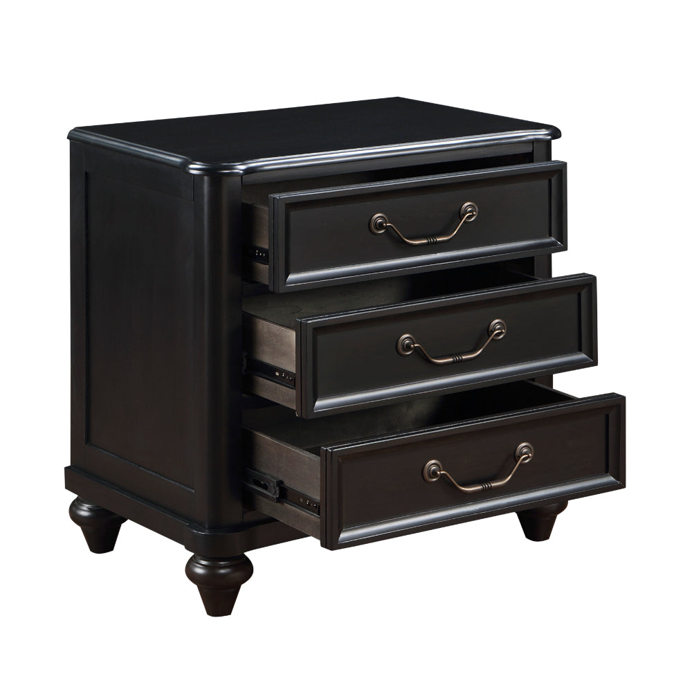 Vix 27 Inch Nightstand, 3 Drawers, Molded Design Pewter Drop Handles, Black - BM314558