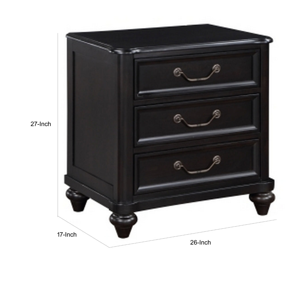 Vix 27 Inch Nightstand, 3 Drawers, Molded Design Pewter Drop Handles, Black - BM314558