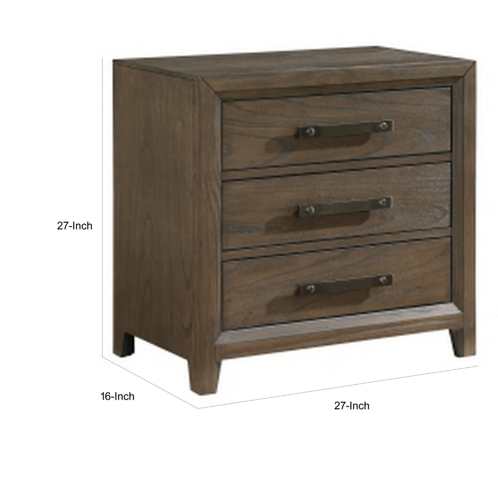 Wyn 27 Inch Nightstand, 3 Drawers, Nickel Handles, Brushed Walnut Brown - BM314561