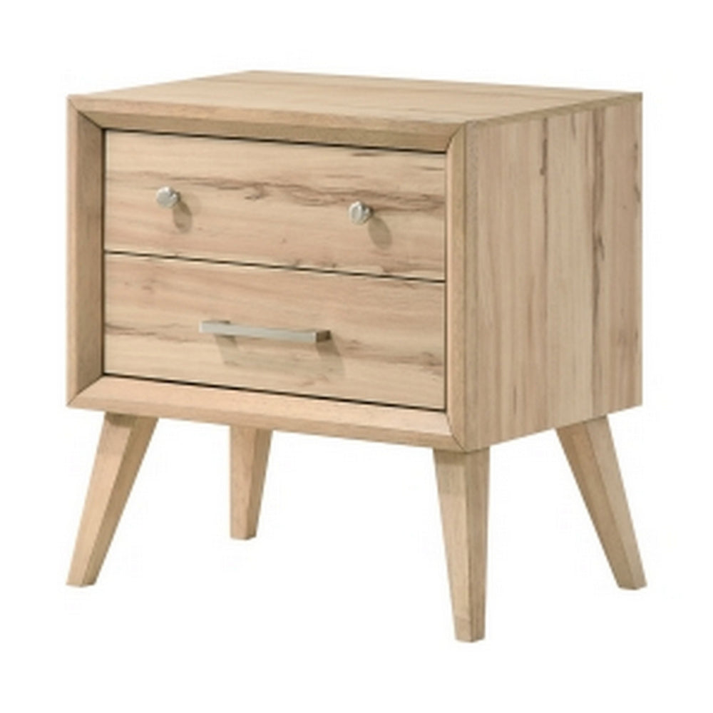 Kali 27 Inch Nightstand, 2 Drawers, Nickel Handles, Oak Brown Solid Wood - BM314566