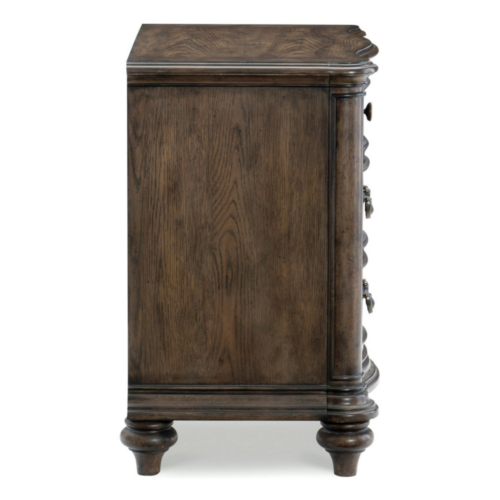 Deborah 30 Inch Nightstand, 3 Drawers, Bronze Drop Handles, Brown Wood - BM314569