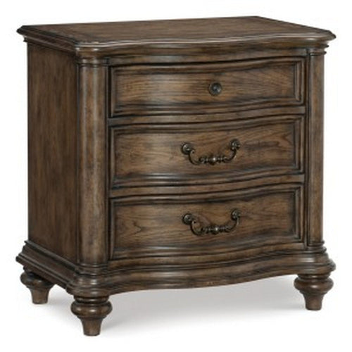 Deborah 30 Inch Nightstand, 3 Drawers, Bronze Drop Handles, Brown Wood - BM314569