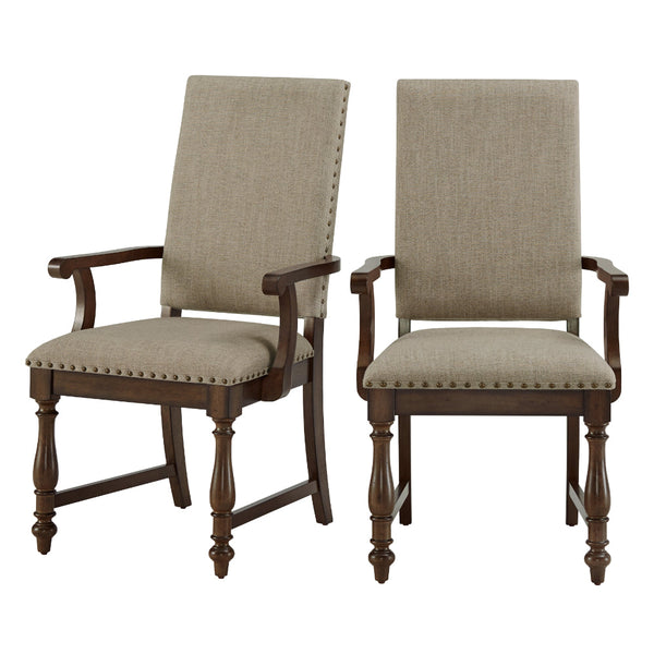 Tom 26 Inch Dining Armchair, Beige Polyester, Nailheads, Brown Wood, Set of 2 - BM314588