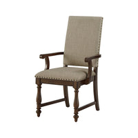 Tom 26 Inch Dining Armchair, Beige Polyester, Nailheads, Brown Wood, Set of 2 - BM314588