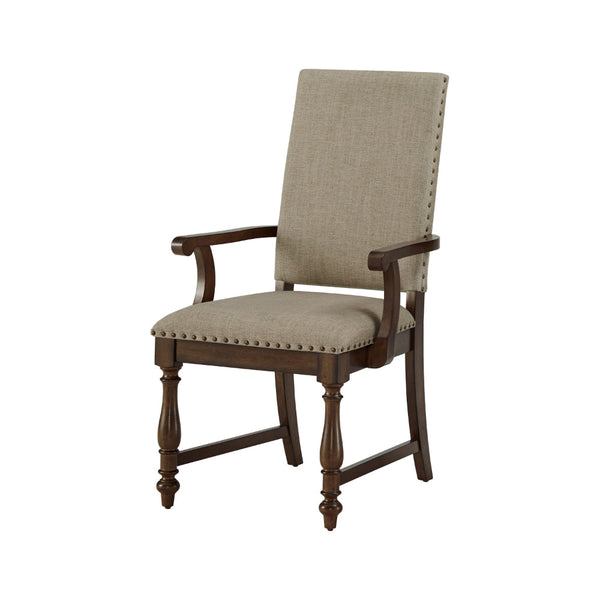 Tom 26 Inch Dining Armchair, Beige Polyester, Nailheads, Brown Wood, Set of 2 - BM314588