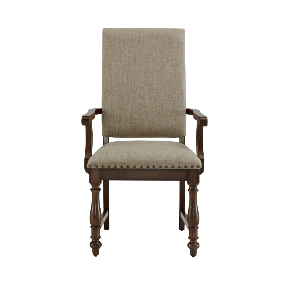 Tom 26 Inch Dining Armchair, Beige Polyester, Nailheads, Brown Wood, Set of 2 - BM314588