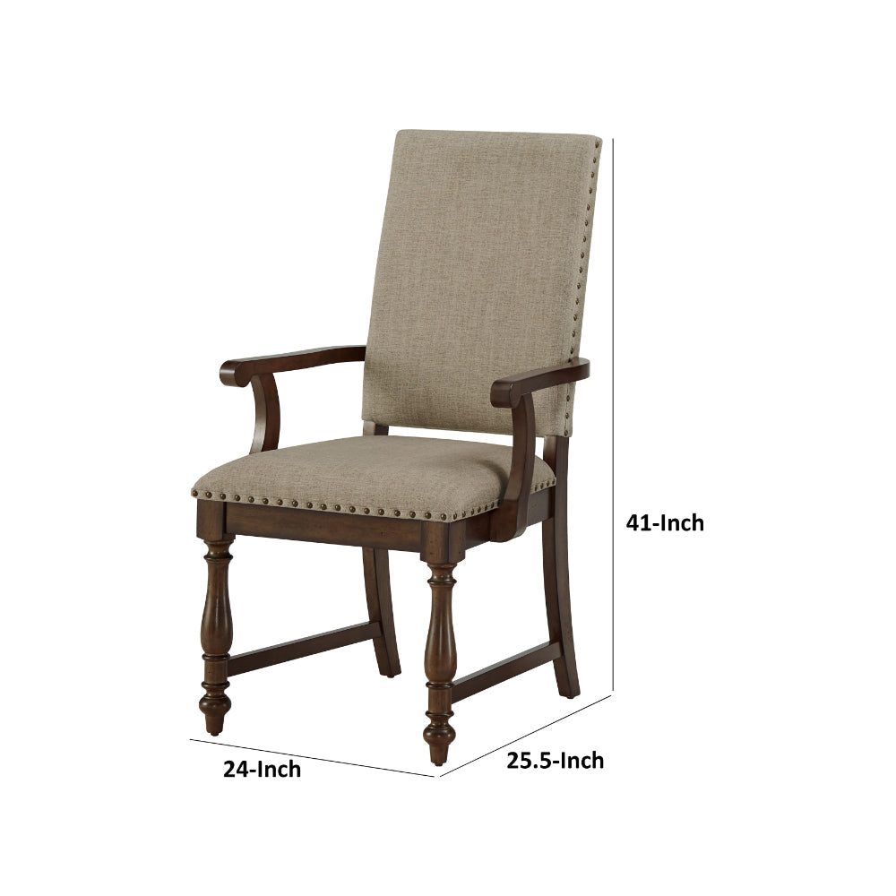 Tom 26 Inch Dining Armchair, Beige Polyester, Nailheads, Brown Wood, Set of 2 - BM314588