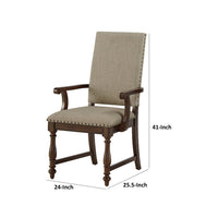 Tom 26 Inch Dining Armchair, Beige Polyester, Nailheads, Brown Wood, Set of 2 - BM314588