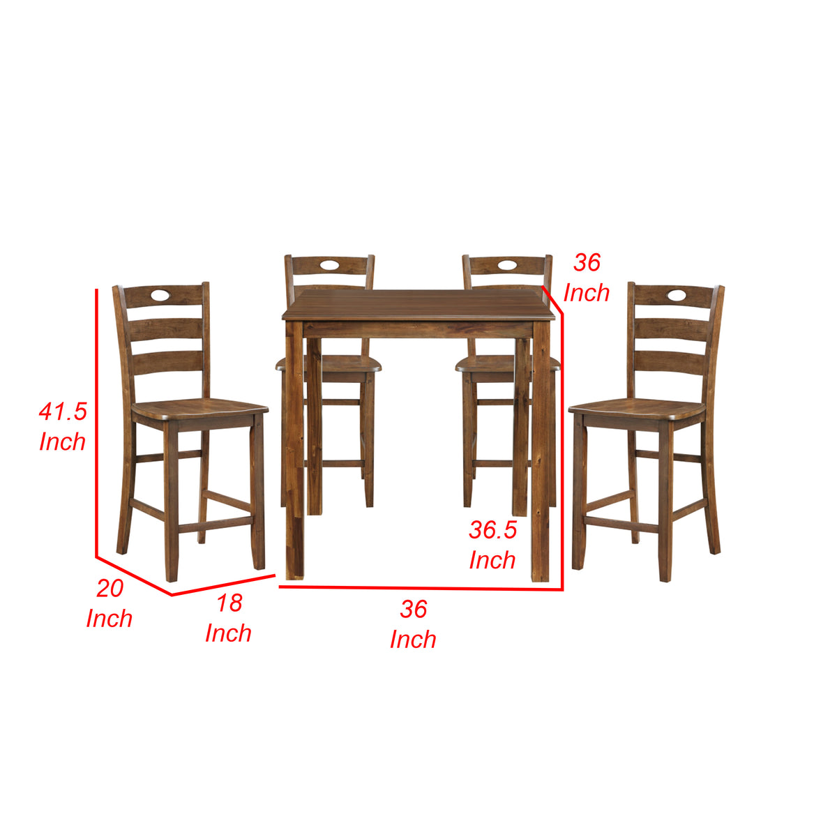 Tori 5 Piece Counter Height Dining Set, Square Table and 4 Chairs, Brown - BM314619