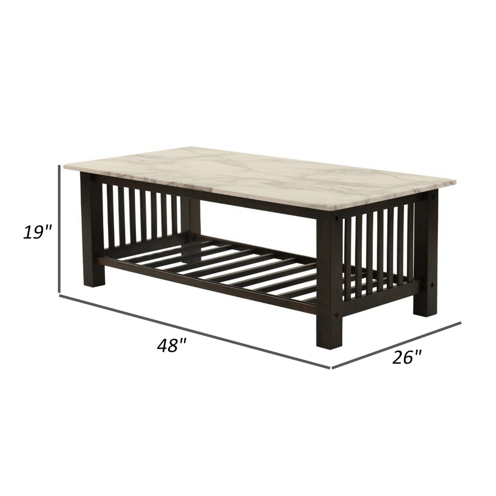 Moen 47 Inch Coffee Table, White Faux Marble Top, Bottom Shelf, Black Wood - BM314643