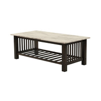 Moen 47 Inch Coffee Table, White Faux Marble Top, Bottom Shelf, Black Wood - BM314643